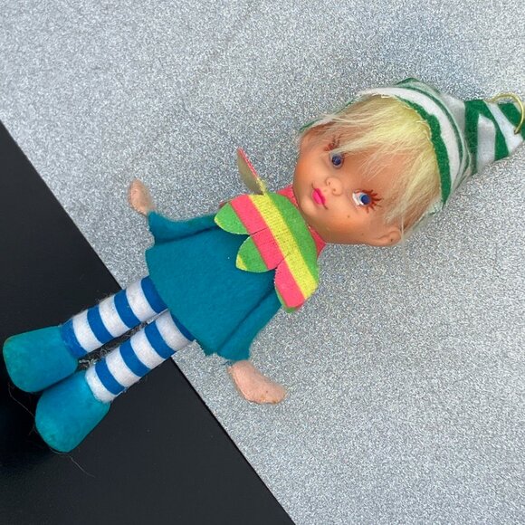 Napco Japan Mod Stripe Pixie Blue Eyed Girl Elf Christmas Ornament - Picture 12 of 13